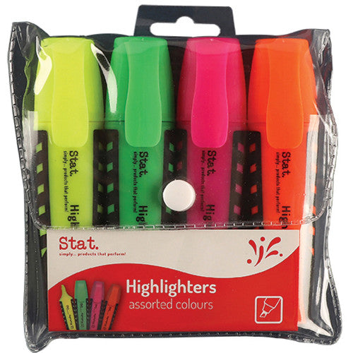 Stat assorted highlighters wallet of 4 showing pink, orange, yellow and green chisel tip markers