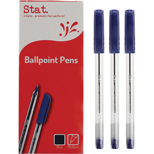 Stat 1.0mm medium blue ballpoint pens with clear barrel and colour-coded cap, box of 12