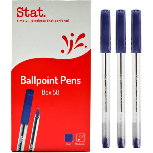 Stat 1.0mm medium ballpoint pens in blue ink, box of 50 with clear barrel and colour-coded cap
