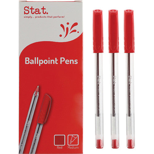 Stat 1.0mm medium red ballpoint pens, box of 12, with clear barrel and colour-matched cap