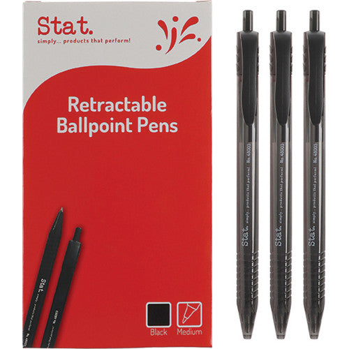 Stat. 1.0mm retractable ballpoint pens in black, box of 12, with clear barrel and ring grip