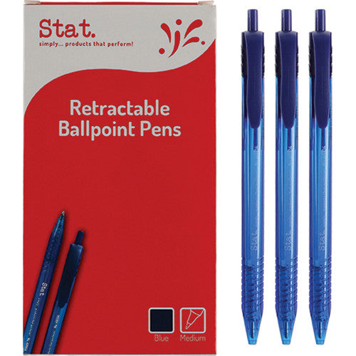 Stat. 1.0mm medium blue retractable ballpoint pens, box of 12, with clear barrel and ring grip