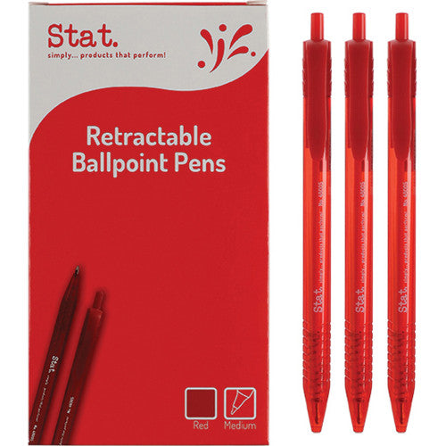Stat retractable ballpoint pen with 1.0mm medium nib and red ink, shown with clear barrel and pocket clip