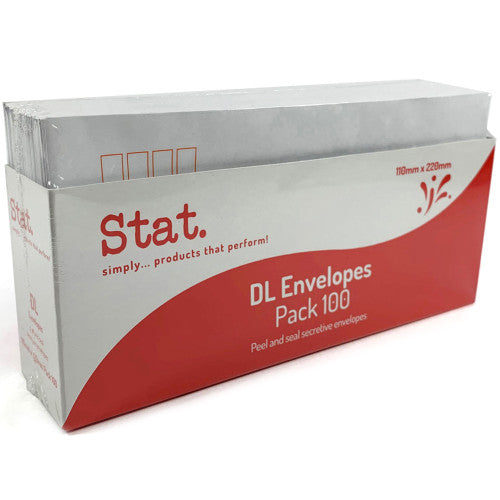 Stat DL Secret Envelopes with internal security pattern, peel-and-seal closure, white, 110x220mm, pack of 100