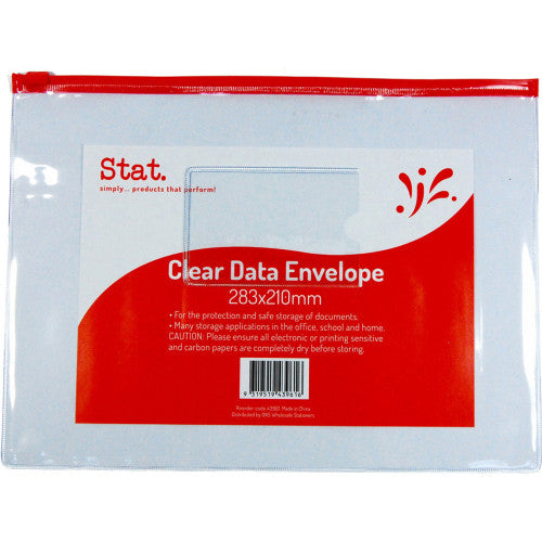 Stat Data File Envelope 283 x 210mm Transparent. Stat clear polypropylene data file envelope 283x210mm with zip-top closure for document storage.