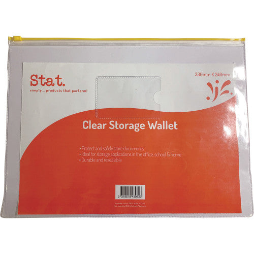 Stat Data File Envelope 330 x 240mm Transparent. Stat clear polypropylene data file envelope 330 x 240mm with zip-top closure and colour strip.