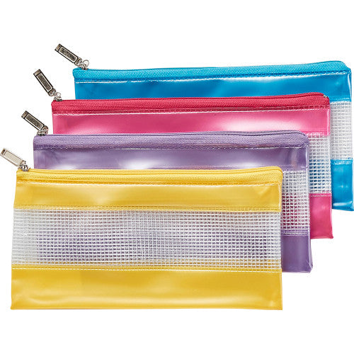 Stat Fashion PVC mesh zip pencil case in assorted dark blue and pink, 228 x 114mm