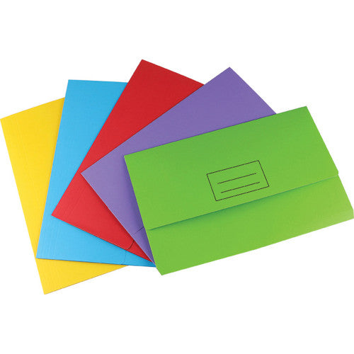 Stat foolscap board document wallets in assorted colours, pack of 25, made from 230gsm cardboard with 30mm gusset and front name panel