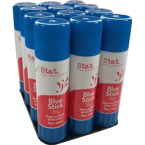Stat. 36g Blue Glue Stick bulk pack of 12, solvent free and non-toxic, for offices, schools and classrooms