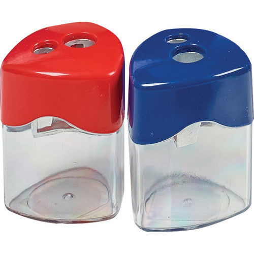 Stat metal double hole pencil sharpener with clear triangular canister, assorted colours, box of 12