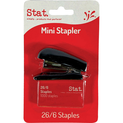 Stat Mini Stapler in assorted colours - black, pink, and green - with 26/6 staples included