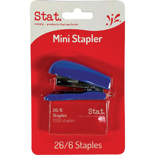 Close-up of Stat pocket-sized mini stapler showing compact design suitable for desk or travel use