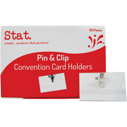 Stat name badge and card holder with pin and clip, 92x58mm, box of 50 holders and cards