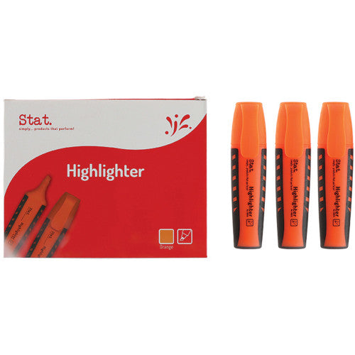 Stat orange fluorescent highlighters with wedge chisel tip, box of 10, shown fanned out on a white surface