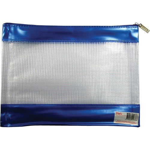 Stat blue PVC mesh pencil case with zip closure, 278 x 200mm, open view showing interior storage space