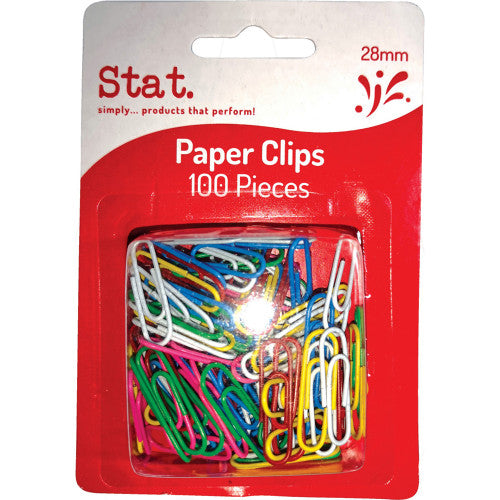 Stat. 28mm small paper clips in assorted colours, pack of 100, steel wire construction