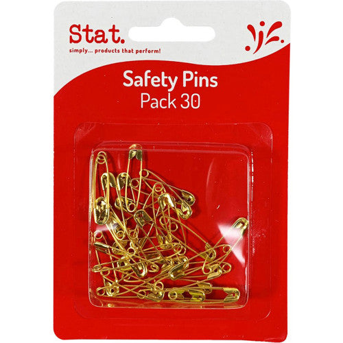 Stat gold safety pins pack of 30 arranged on a white background