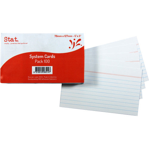 Stat. white ruled system cards 76x127mm pack of 100, showing 6mm lined card stock