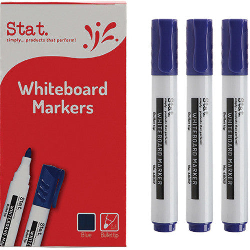 Stat. 2.0mm blue bullet nib whiteboard markers, box of 12, dry erase low odour