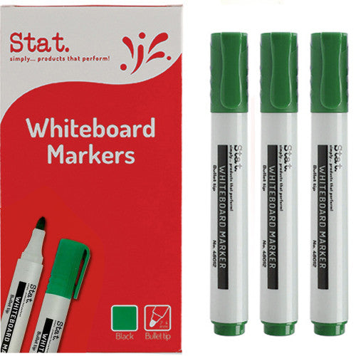 Stat 2.0mm bullet nib green whiteboard marker, box of 12, shown on a white background