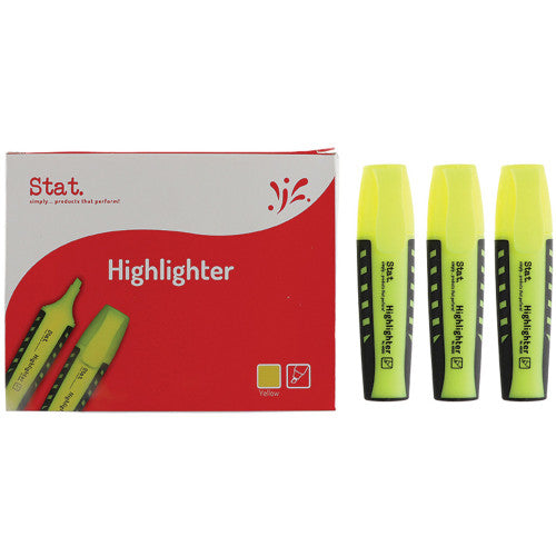 Stat. yellow fluorescent chisel tip highlighters, box of 10, with rubberised grip