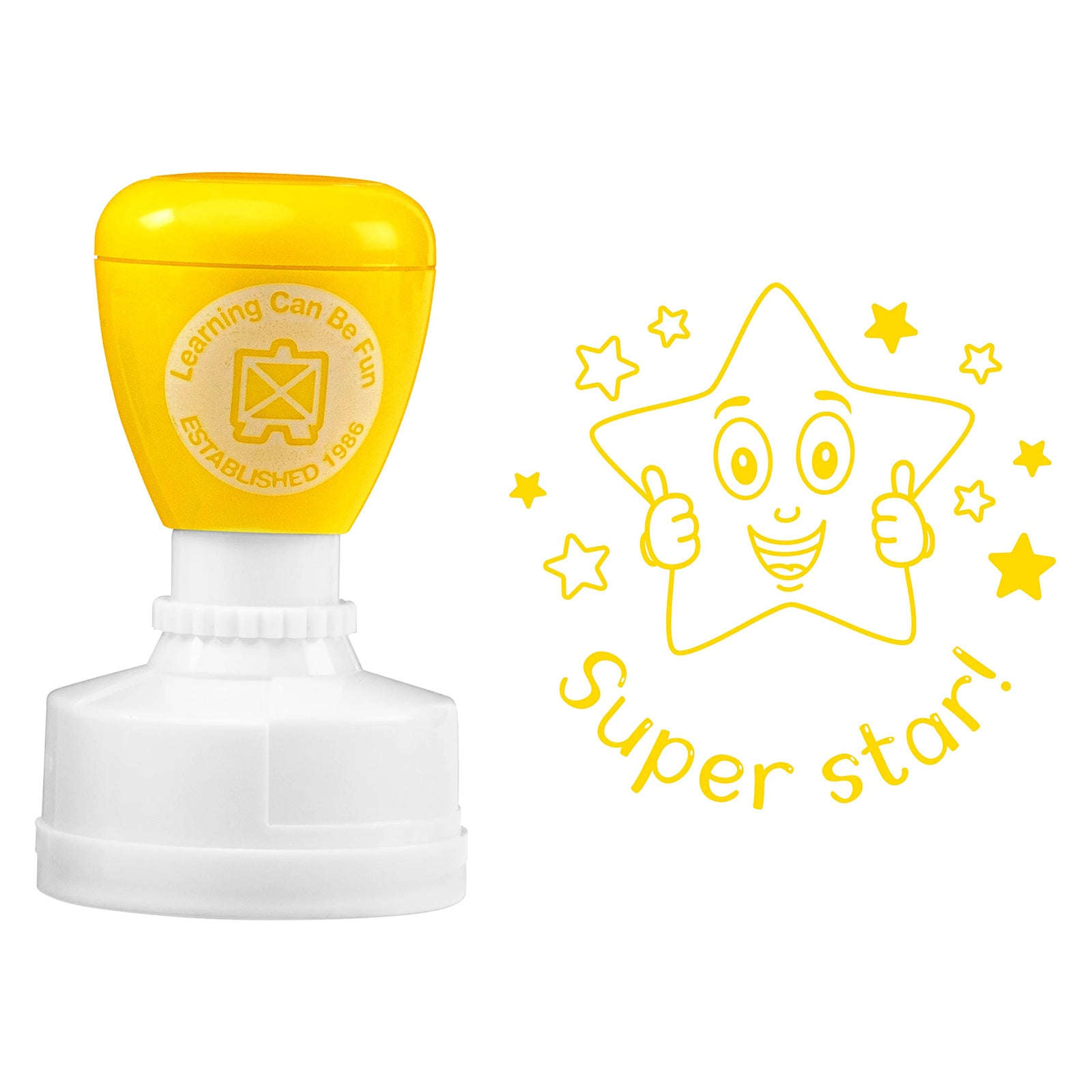 Product image showing the yellow Super Star Merit Stamp beside the matching stamp artwork. The bold 36mm impression features a smiling star and surrounding stars, making it suitable for teacher reward marking.