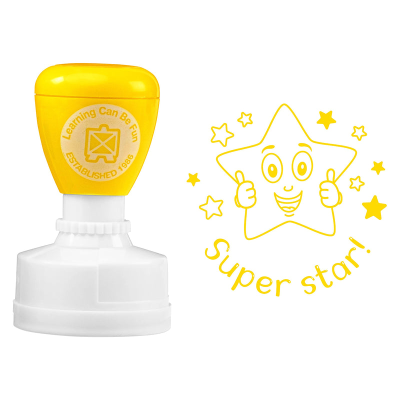 Product image showing the yellow Super Star Merit Stamp beside the matching stamp artwork. The bold 36mm impression features a smiling star and surrounding stars, making it suitable for teacher reward marking.