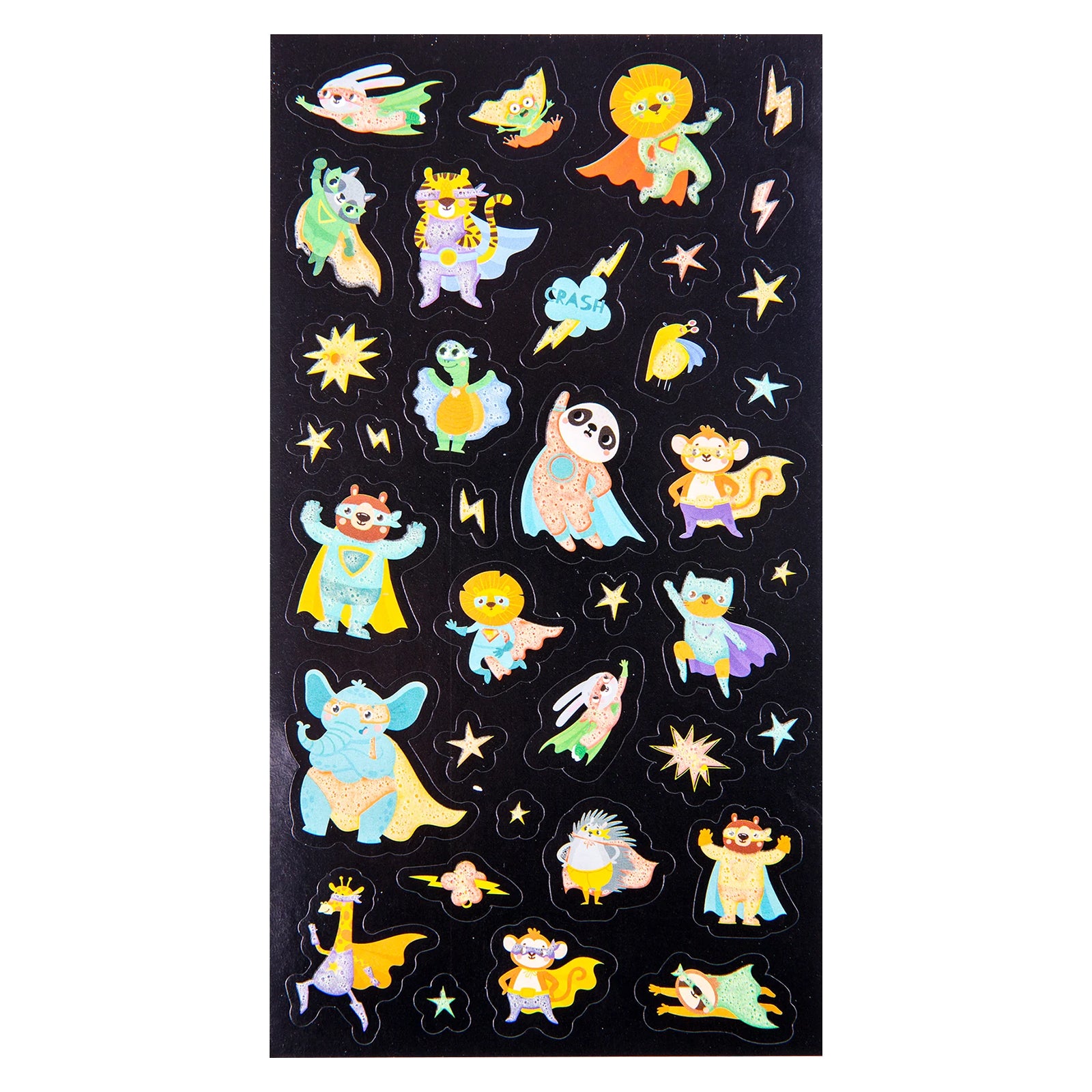 Full sticker sheet displaying all 37 superhero themed glow stickers. The assortment includes animal heroes, stars, lightning bolts and comic inspired action graphics designed to inspire imaginative adventures.