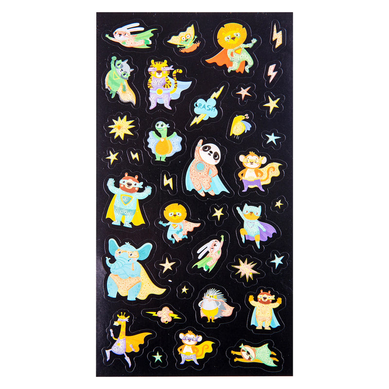 Full sticker sheet displaying all 37 superhero themed glow stickers. The assortment includes animal heroes, stars, lightning bolts and comic inspired action graphics designed to inspire imaginative adventures.