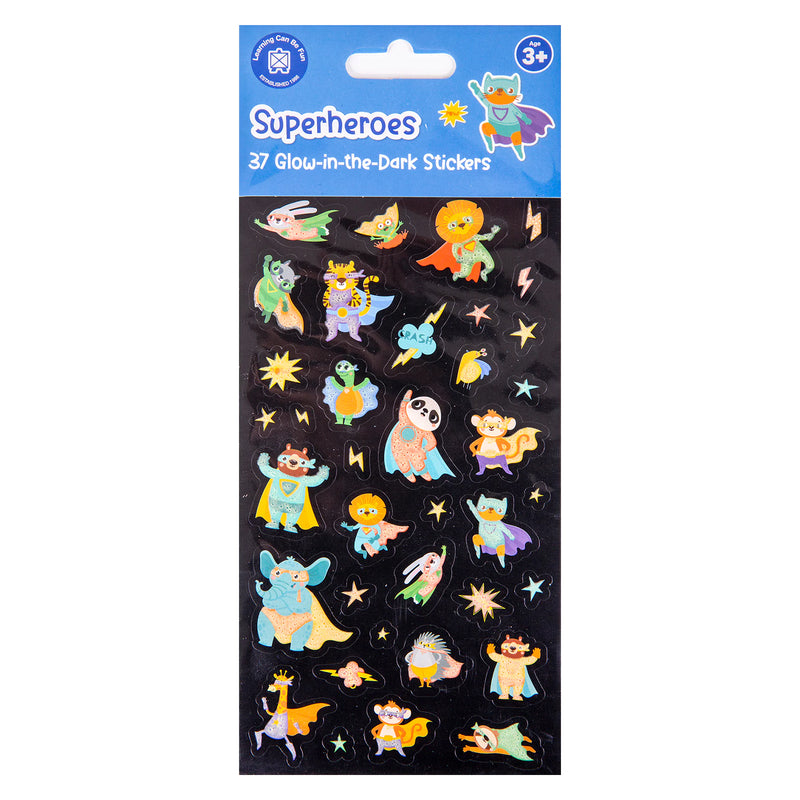 Retail packaging of the Learning Can Be Fun Superheroes Glow Sticker Set showing product branding, age recommendation and a preview of the complete glow in the dark animal superhero sticker collection.