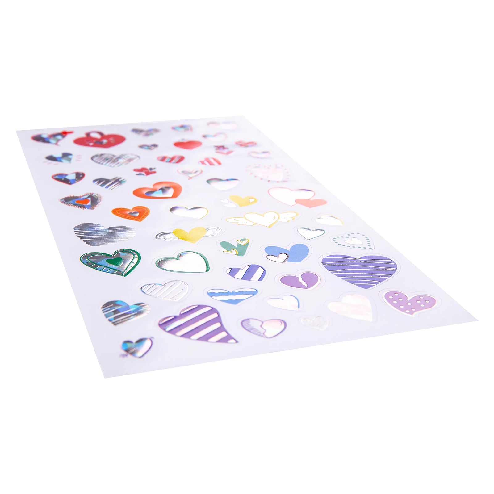 Angled view of the Sweethearts sticker sheet displaying a wide selection of heart themed holographic stickers in assorted sizes, colours and decorative patterns with reflective foil detailing.
