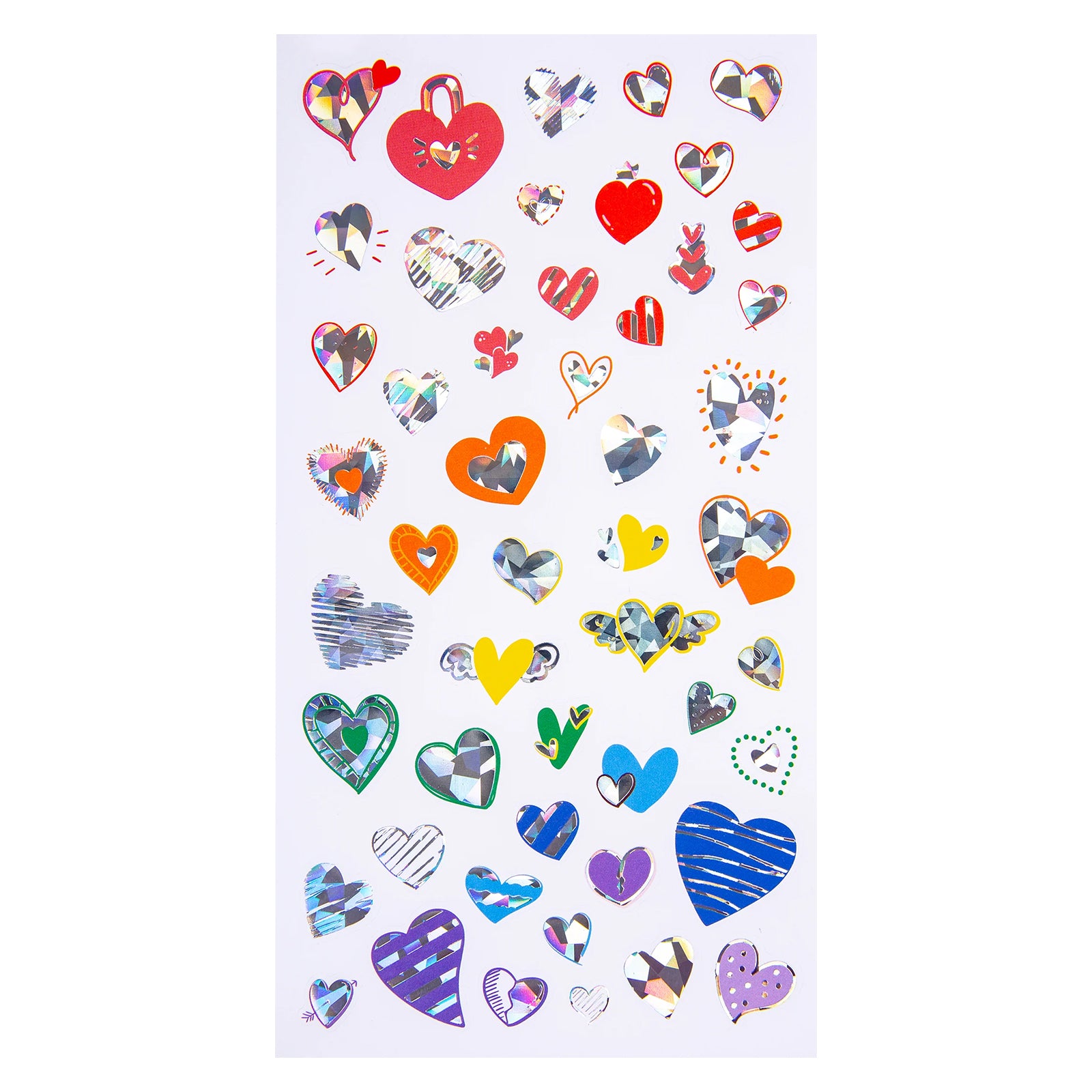 Full sticker sheet featuring 50 holographic heart stickers including striped, winged, patterned and gemstone inspired heart designs in bright rainbow colours and metallic finishes.