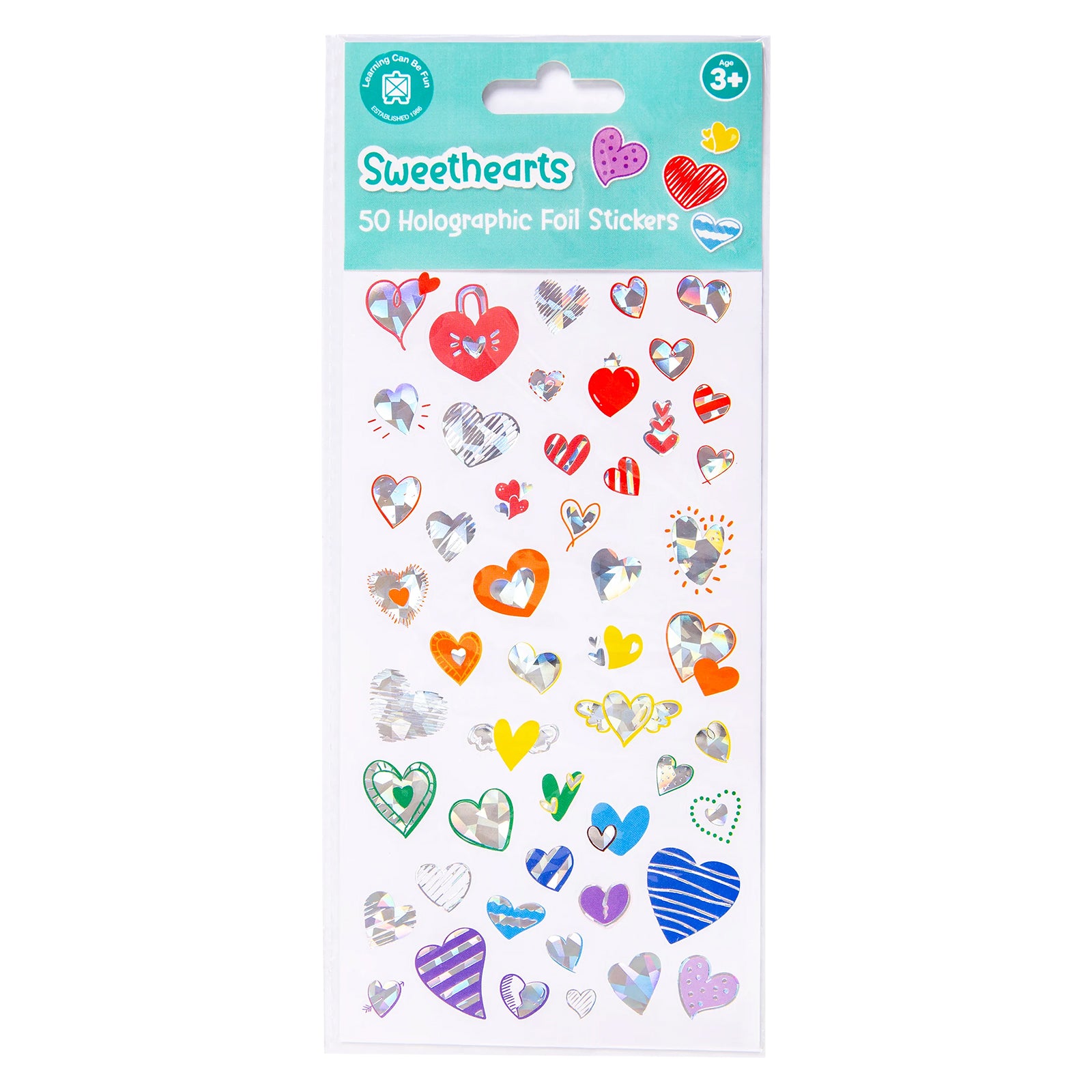 Retail packaging of the Learning Can Be Fun Sweethearts Holographic Sticker Set containing 50 holographic foil heart stickers designed for decorating crafts, stationery and creative projects.