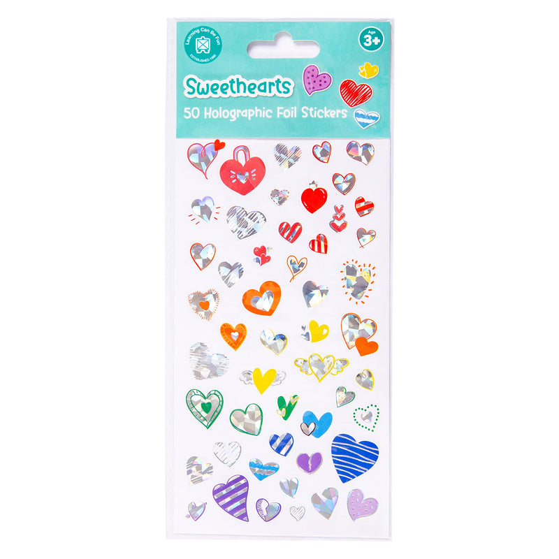 Retail packaging of the Learning Can Be Fun Sweethearts Holographic Sticker Set containing 50 holographic foil heart stickers designed for decorating crafts, stationery and creative projects.