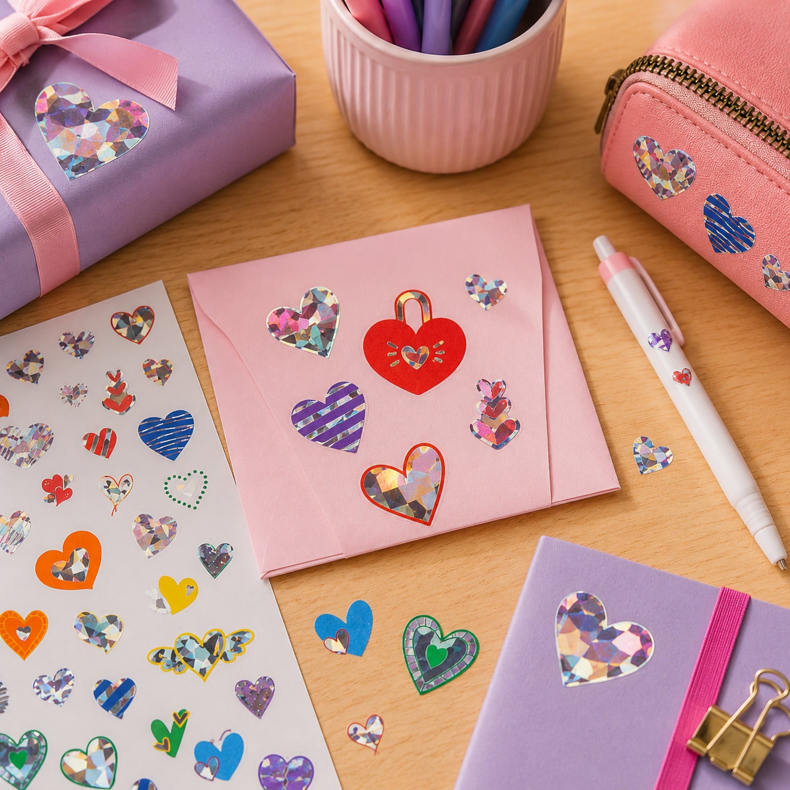 Pink envelope, wrapped gift and stationery accessories decorated with holographic heart stickers. The colourful assortment adds a playful and heartfelt touch to cards, gifts and personal keepsakes.