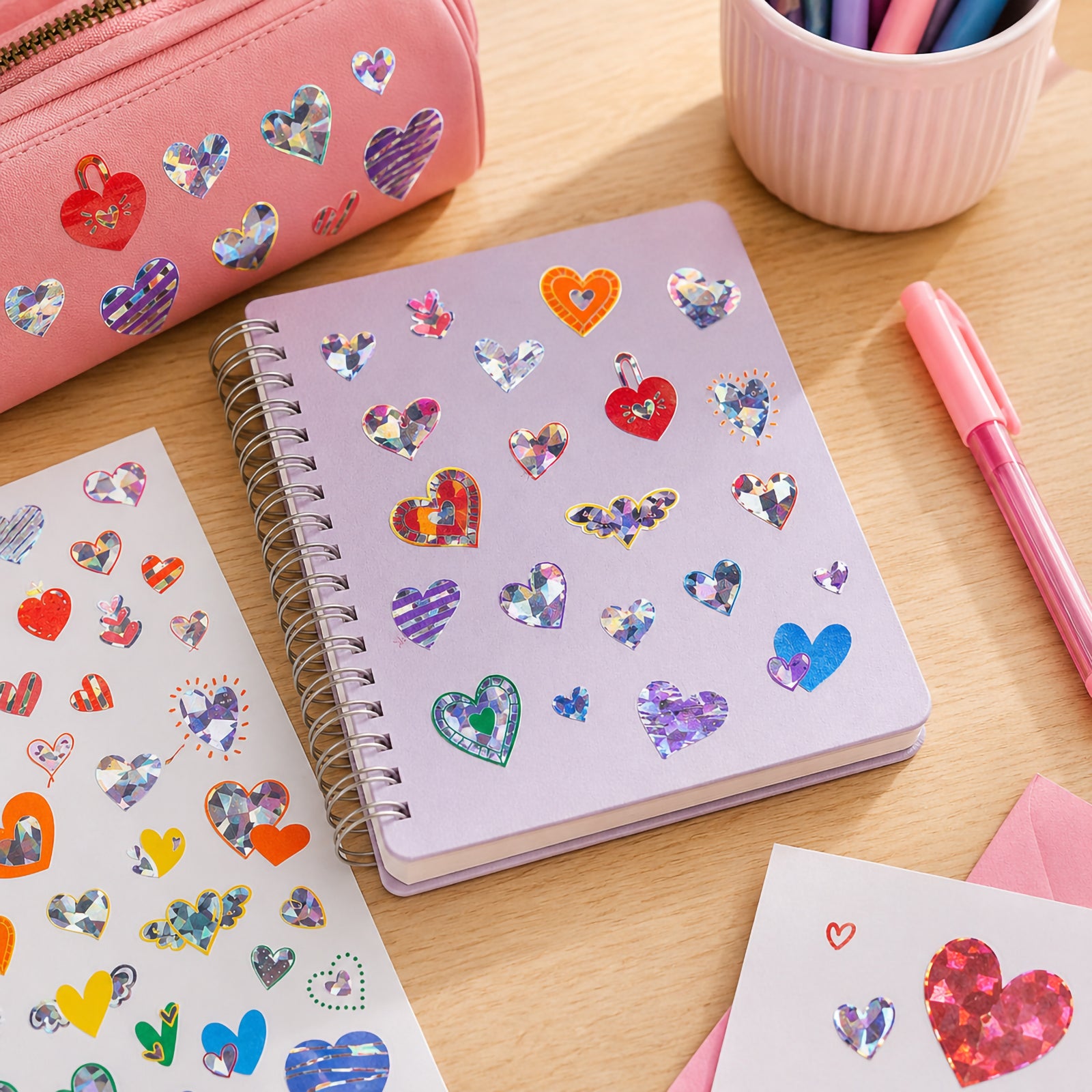 A lavender notebook covered with sparkling heart stickers surrounded by stationery and sticker sheets. The holographic designs feature multiple colours, patterns and heart styles suitable for creative decorating projects.