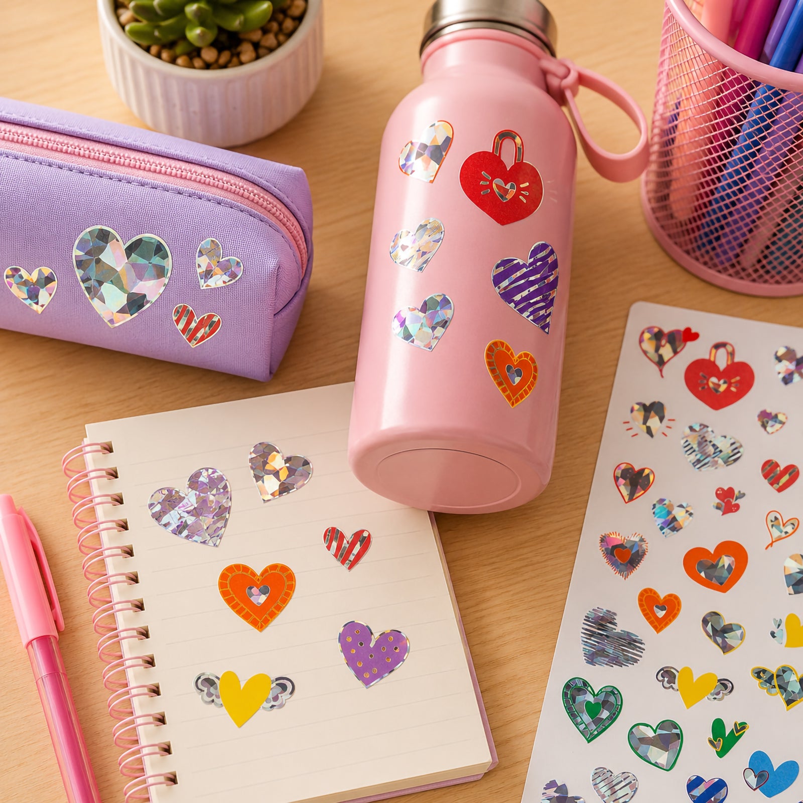 Colourful holographic heart stickers decorating a notebook, drink bottle and pencil case. The assortment includes gemstone style hearts, striped hearts and vibrant decorative designs with reflective foil finishes that shimmer in the light.