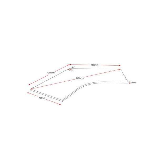 Rapidline 120 degree workstation top 1200 x 1200mm line drawing with red dimension arrows marking the main measurements and the 25mm thickness