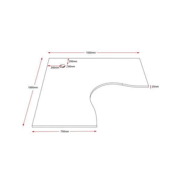 Rapidline corner workstation top 1500 x 1500mm line drawing with red dimension arrows marking the main measurements and the 25mm thickness
