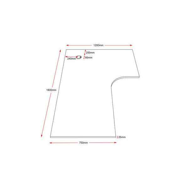 Rapidline corner workstation top 1800 x 1200mm line drawing with red dimension arrows marking the main measurements and the 25mm thickness