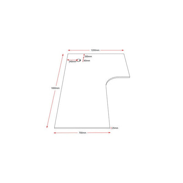 Rapidline corner workstation top 1800 x 1200mm line drawing with red dimension arrows marking the main measurements and the 25mm thickness