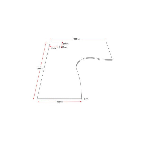 Rapidline corner workstation top 1800 x 1500mm line drawing with red dimension arrows marking the main measurements and the 25mm thickness