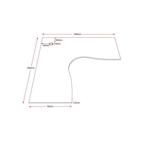 Rapidline corner workstation top 1800 x 1800mm line drawing with red dimension arrows marking the main measurements and the 25mm thickness