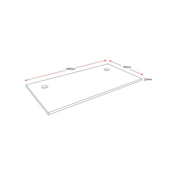 Rapidline rectangle table top 1800 x 700mm line drawing with red dimension arrows marking the main measurements and the 25mm thickness