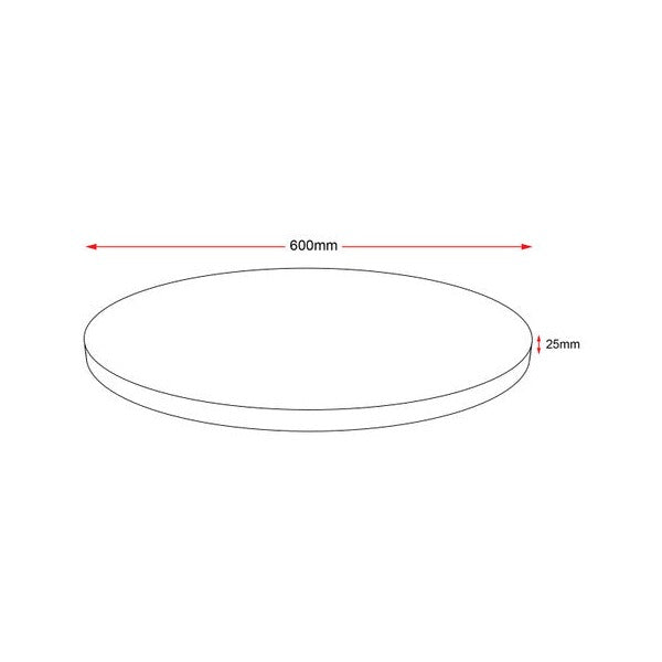 Rapidline round table top 600mm diameter line drawing with red dimension arrows marking the main measurements and the 25mm thickness