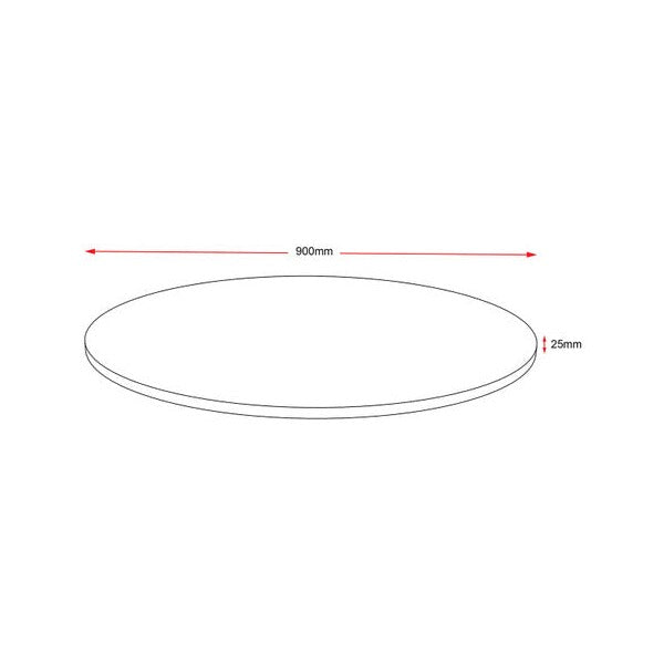 Rapidline round table top 900mm diameter line drawing with red dimension arrows marking the main measurements and the 25mm thickness