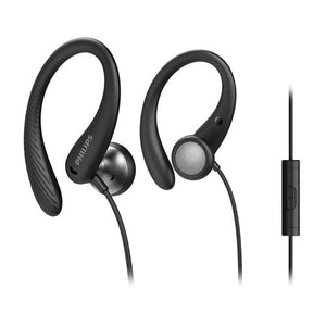 Philips TAA1105BK/00 black ear-hook sports earbuds with the inline remote and cable, front view