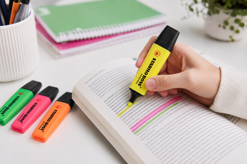 Yellow STABILO BOSS Original highlighter being used on a study plan notebook with assorted highlighters on a wooden desk.
