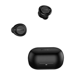 Philips TAT1215BK/97 black true wireless earbuds shown with the closed charging case