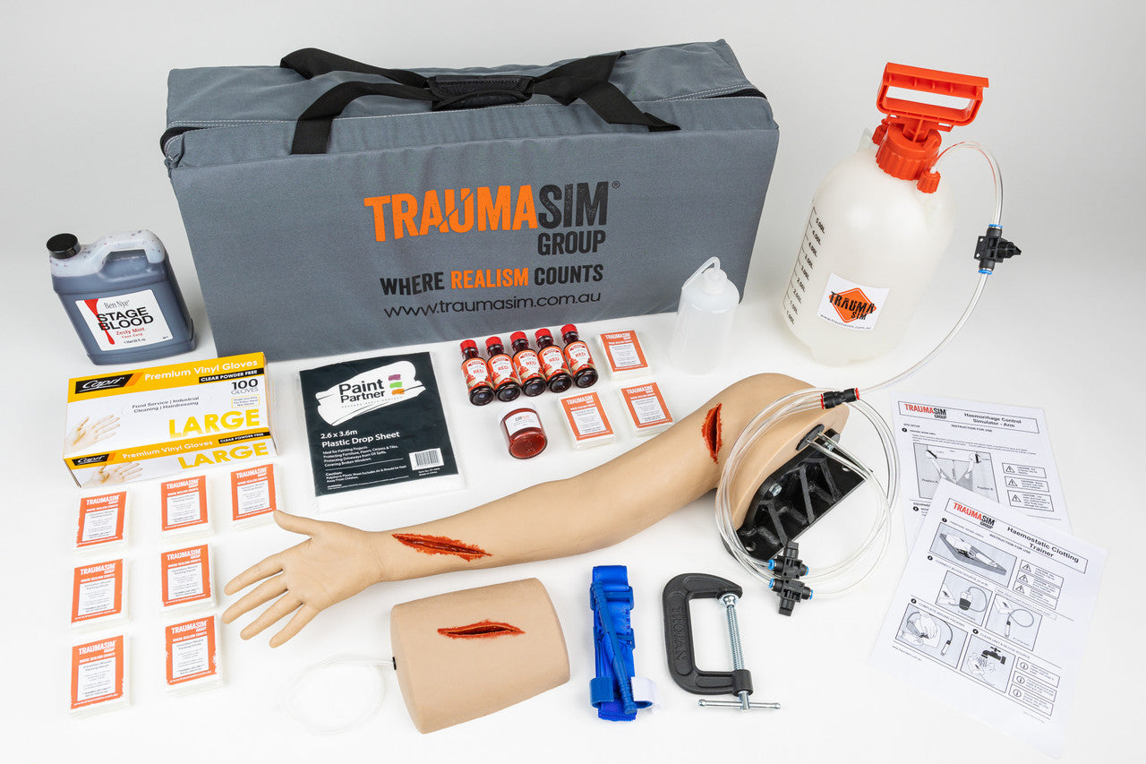 TRAUMASIM Bleed Control Trainer Kit - Arm showing complete bleed control simulation training kit with Lifecast arm for haemorrhage control training